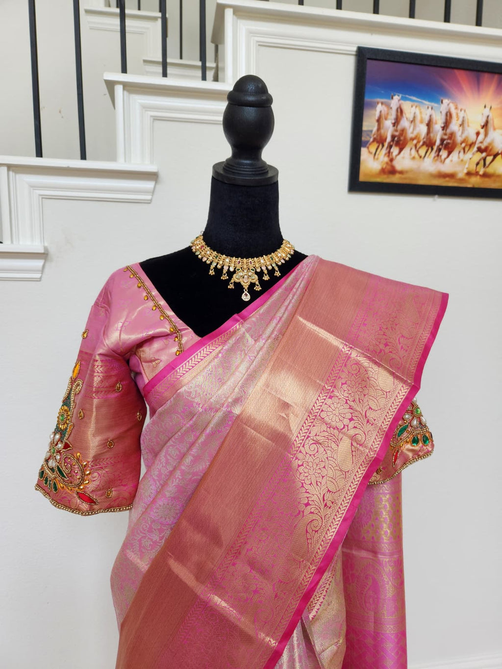 Baby Pink Kanchivaram Silk Saree, Maggam Blouse
