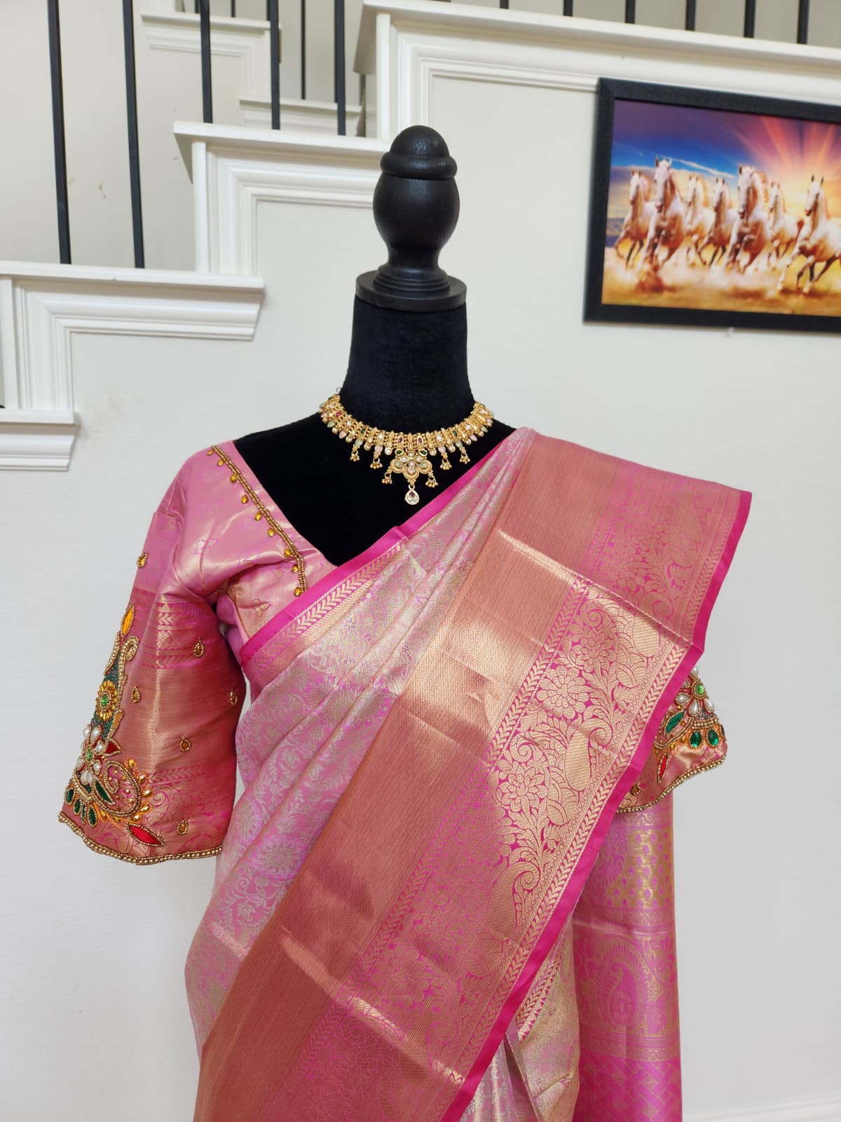 Baby Pink Kanchivaram Silk Saree, Maggam Blouse