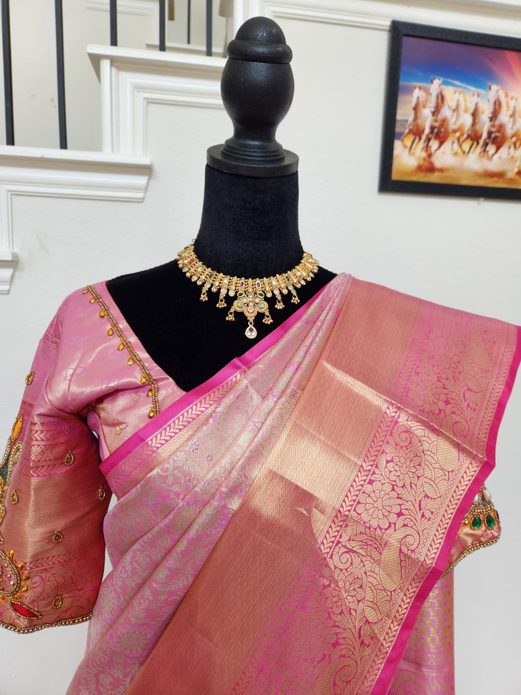 Baby Pink Kanchivaram Silk Saree, Maggam Blouse