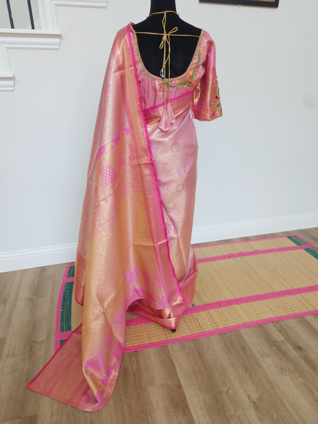 Baby Pink Kanchivaram Silk Saree, Maggam Blouse