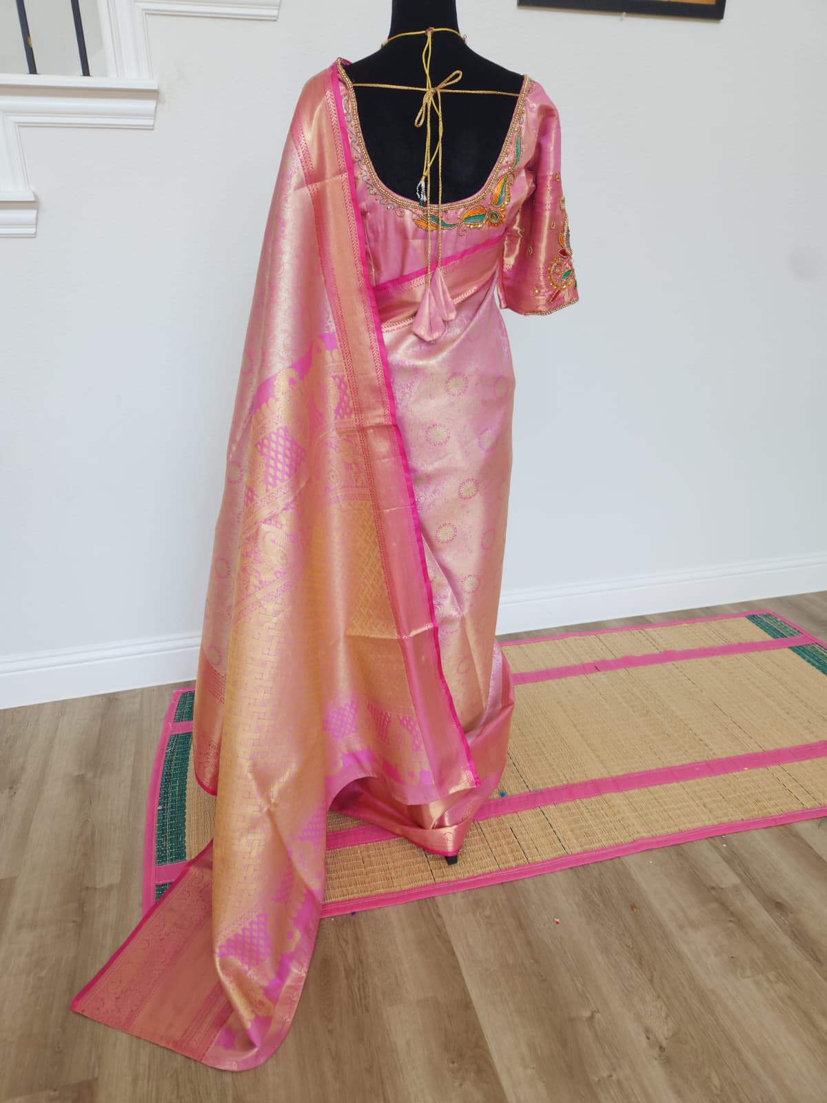 Baby Pink Kanchivaram Silk Saree, Maggam Blouse