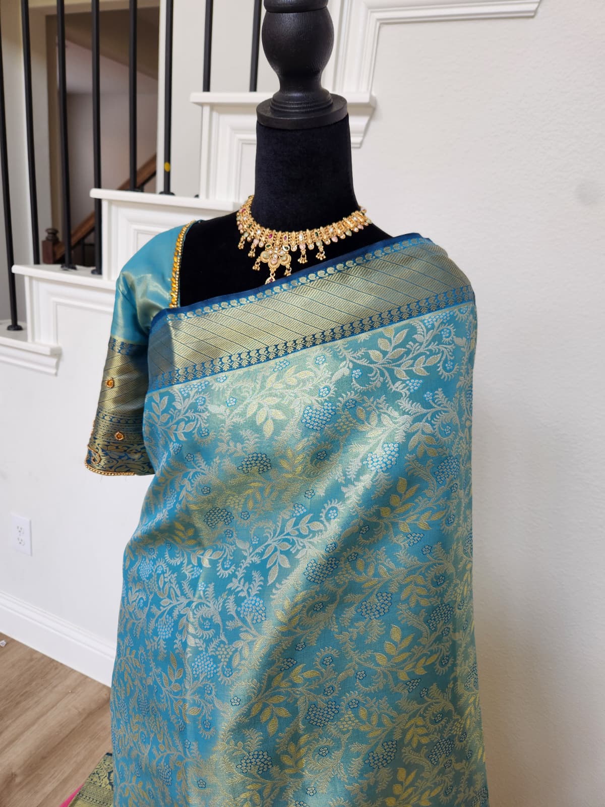 Peacock Blue Kanchivaram Silk Saree, Gold Zari