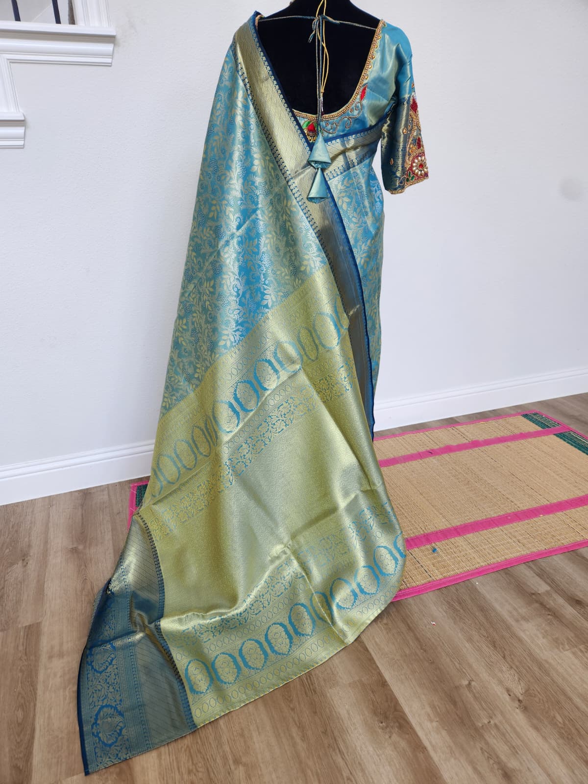 Peacock Blue Kanchivaram Silk Saree, Gold Zari