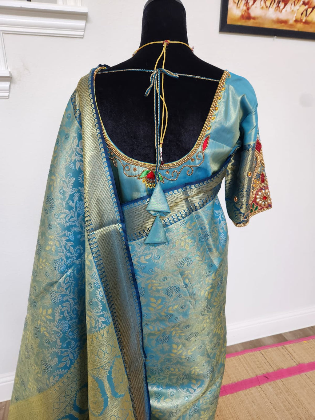 Peacock Blue Kanchivaram Silk Saree, Gold Zari