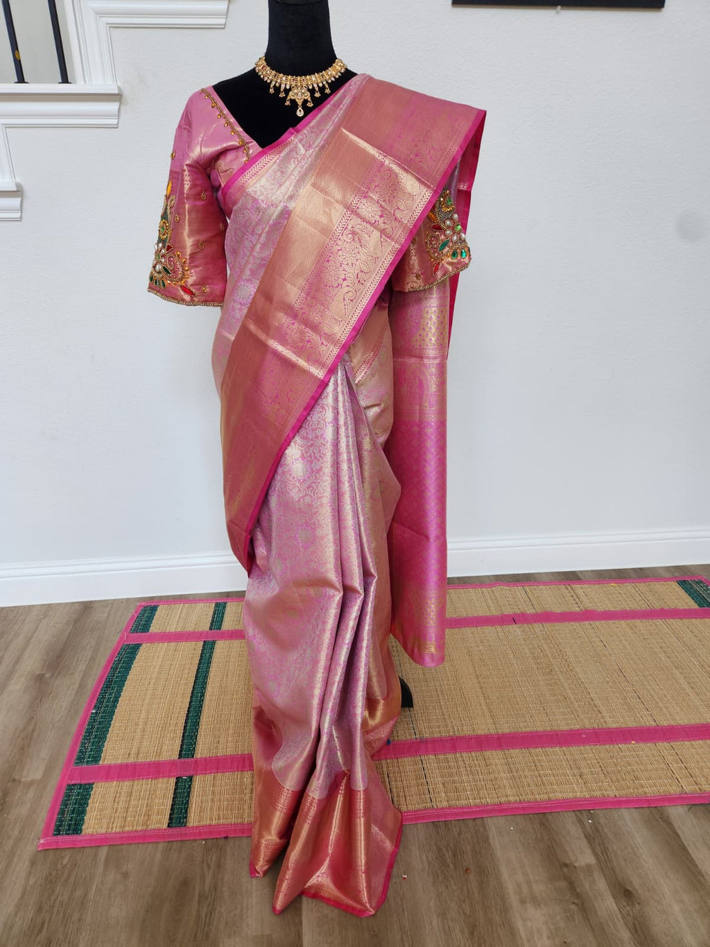 Baby Pink Kanchivaram Silk Saree, Maggam Blouse