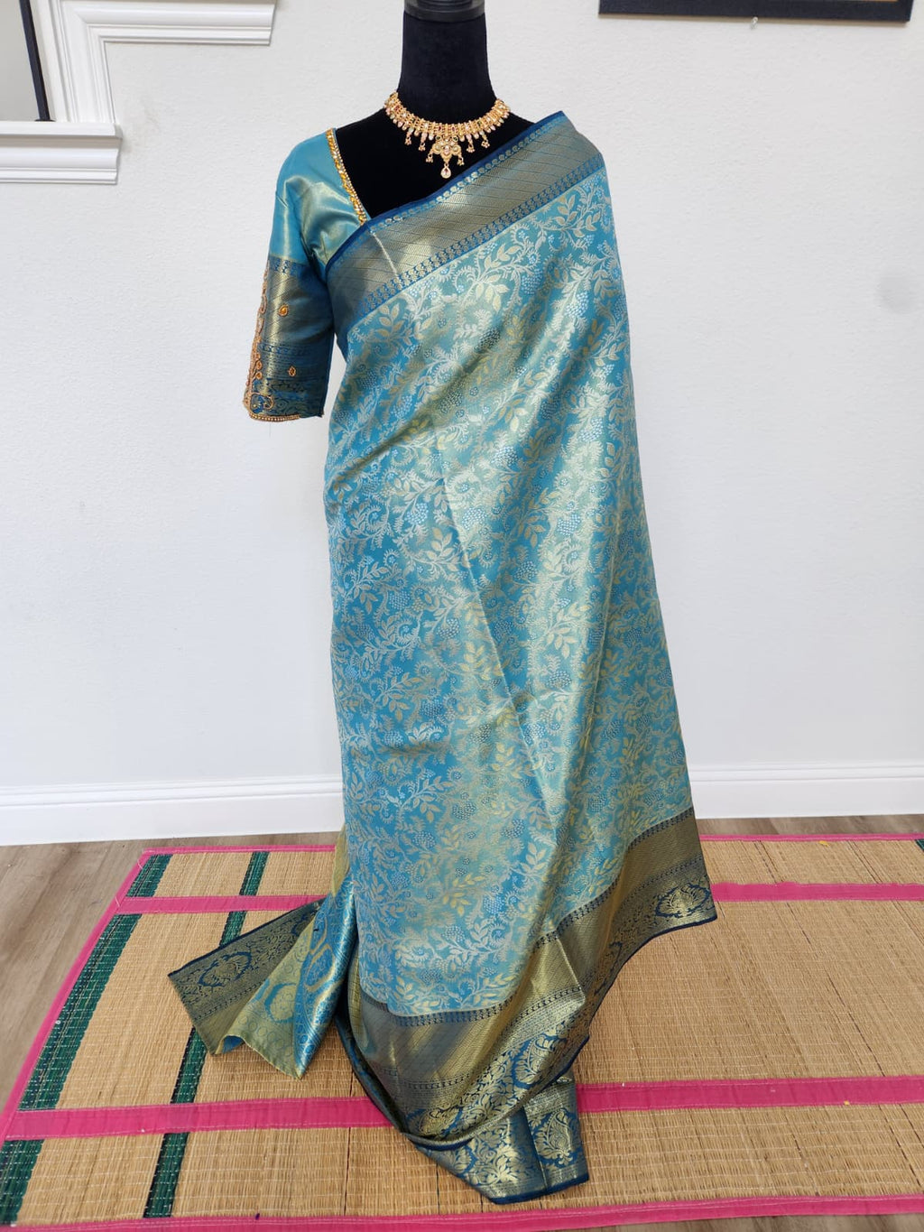 Peacock Blue Kanchivaram Silk Saree, Gold Zari