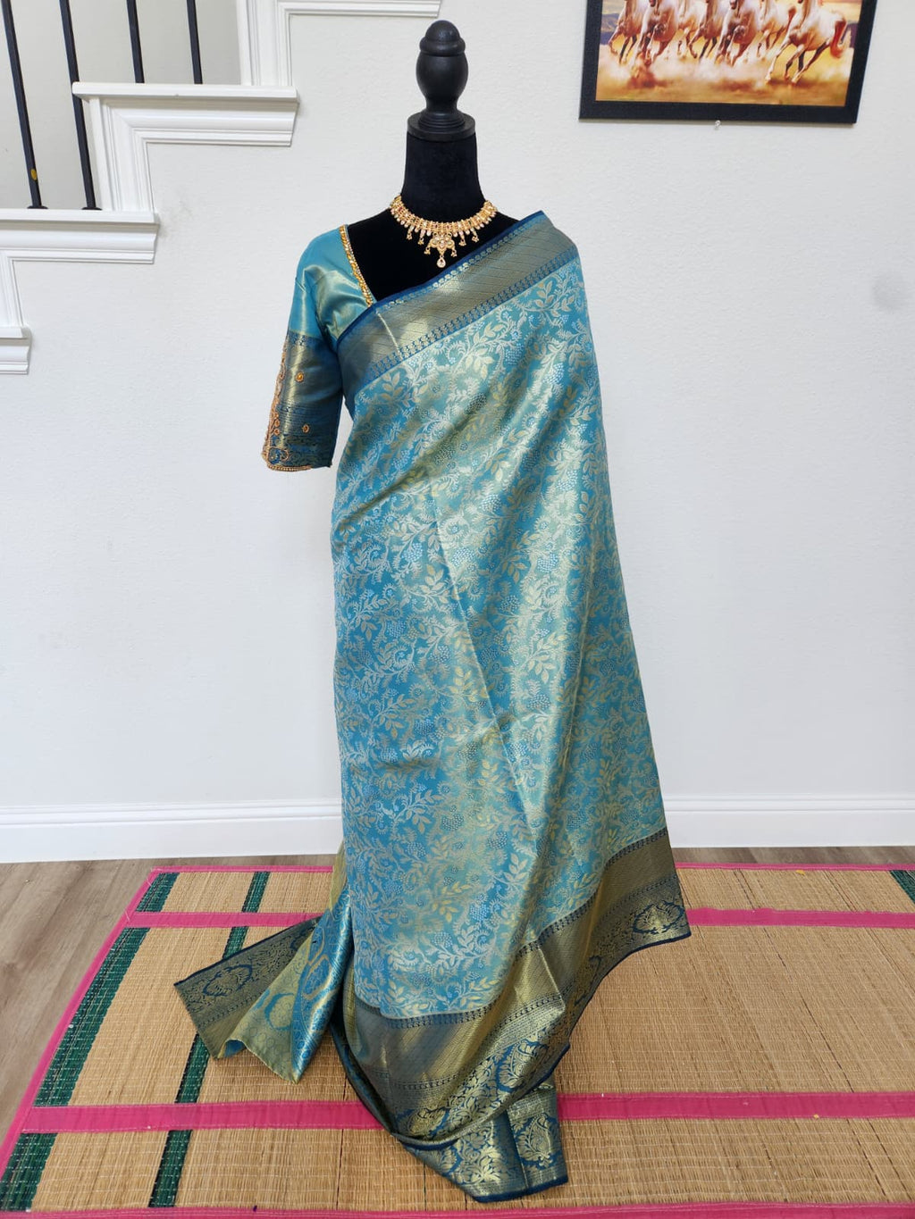 Peacock Blue Kanchivaram Silk Saree, Gold Zari
