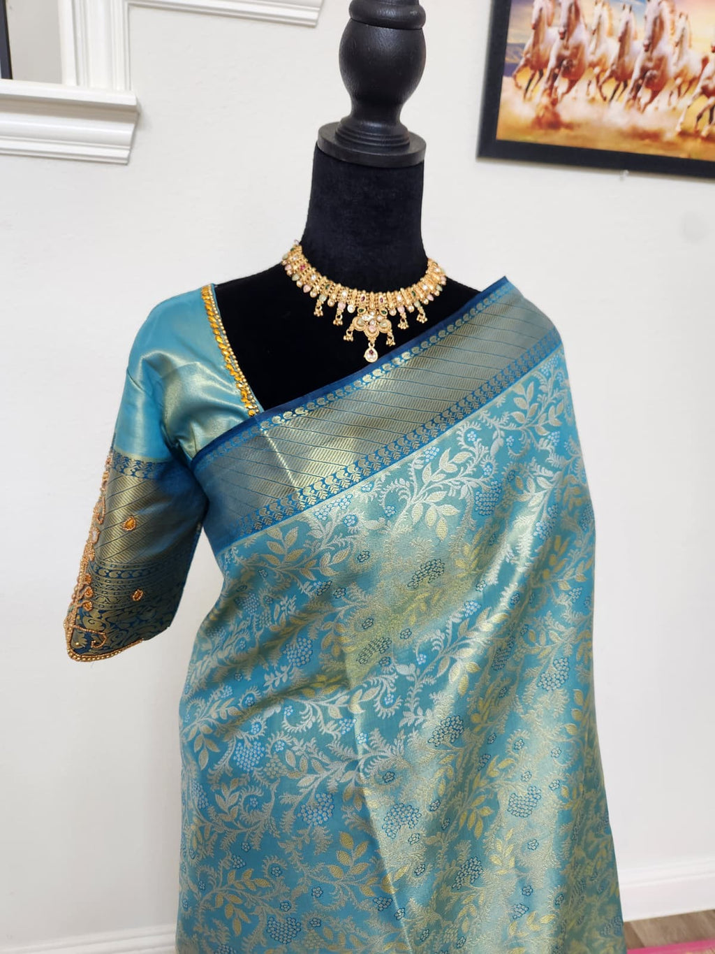 Peacock Blue Kanchivaram Silk Saree, Gold Zari