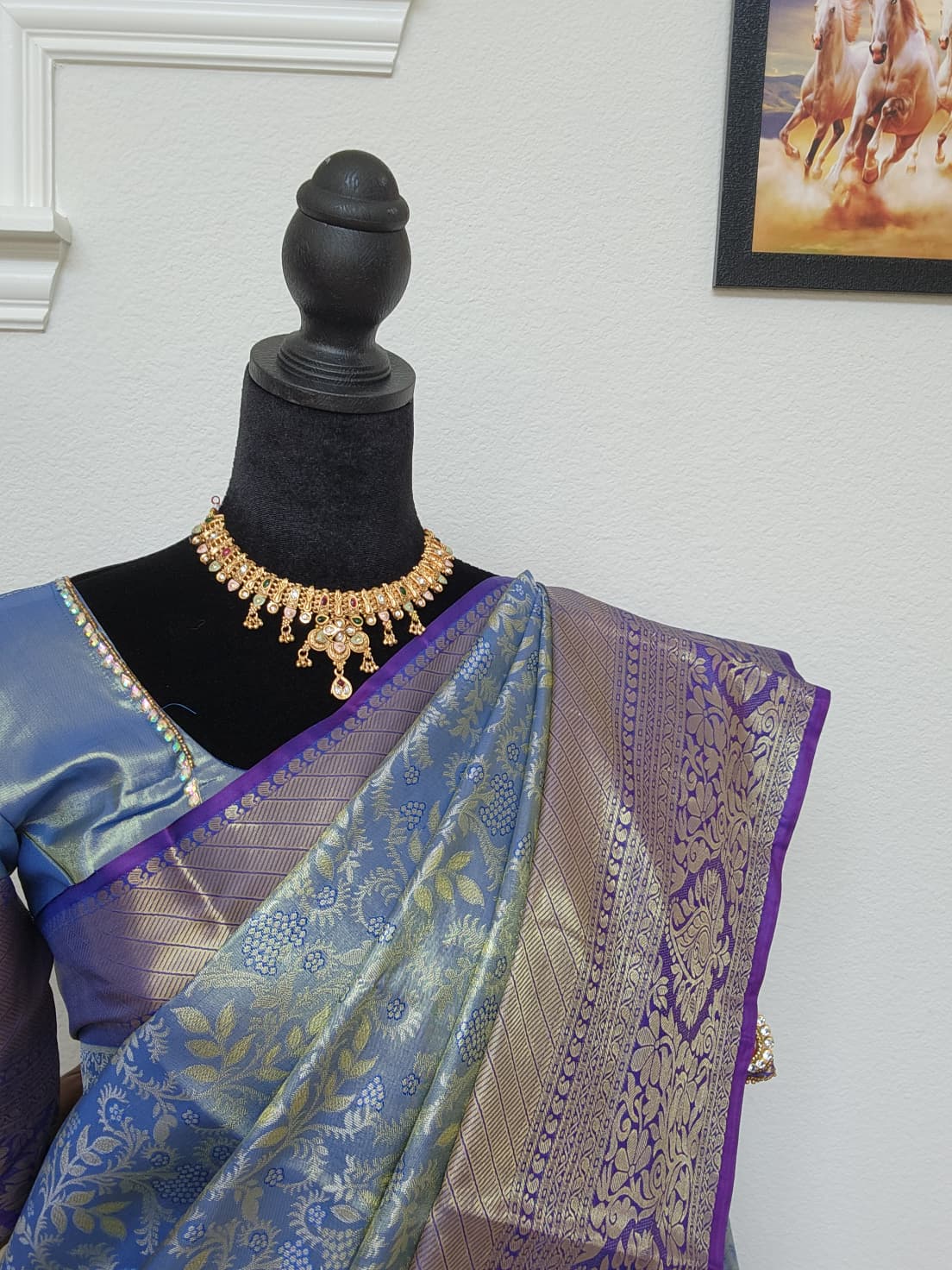 Steel Blue Kanchivaram Silk Saree, Purple Border