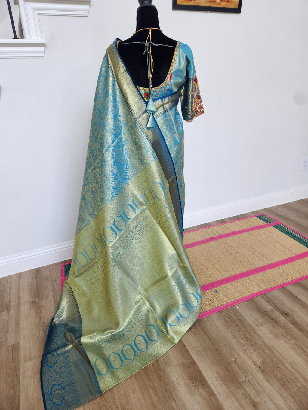 Peacock Blue Kanchivaram Silk Saree, Gold Zari