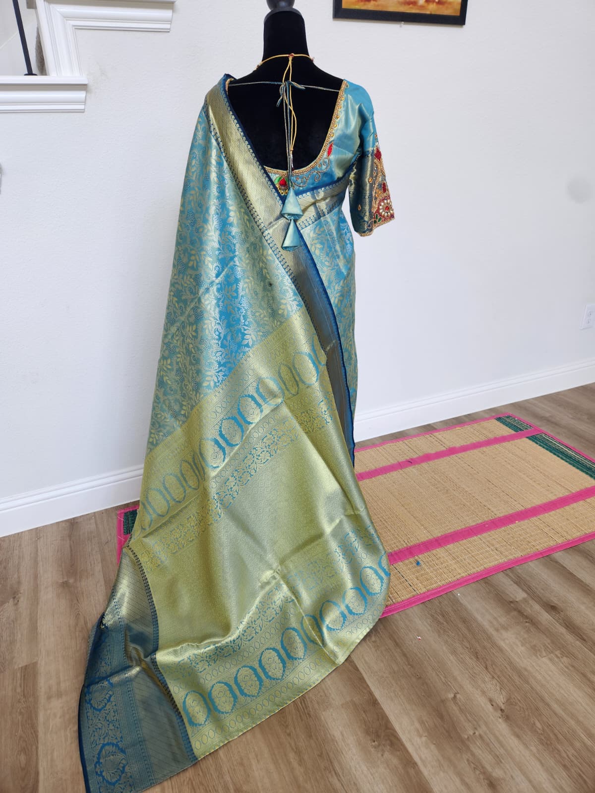 Peacock Blue Kanchivaram Silk Saree, Gold Zari