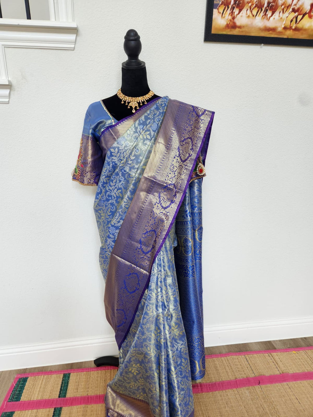 Steel Blue Kanchivaram Silk Saree, Purple Border