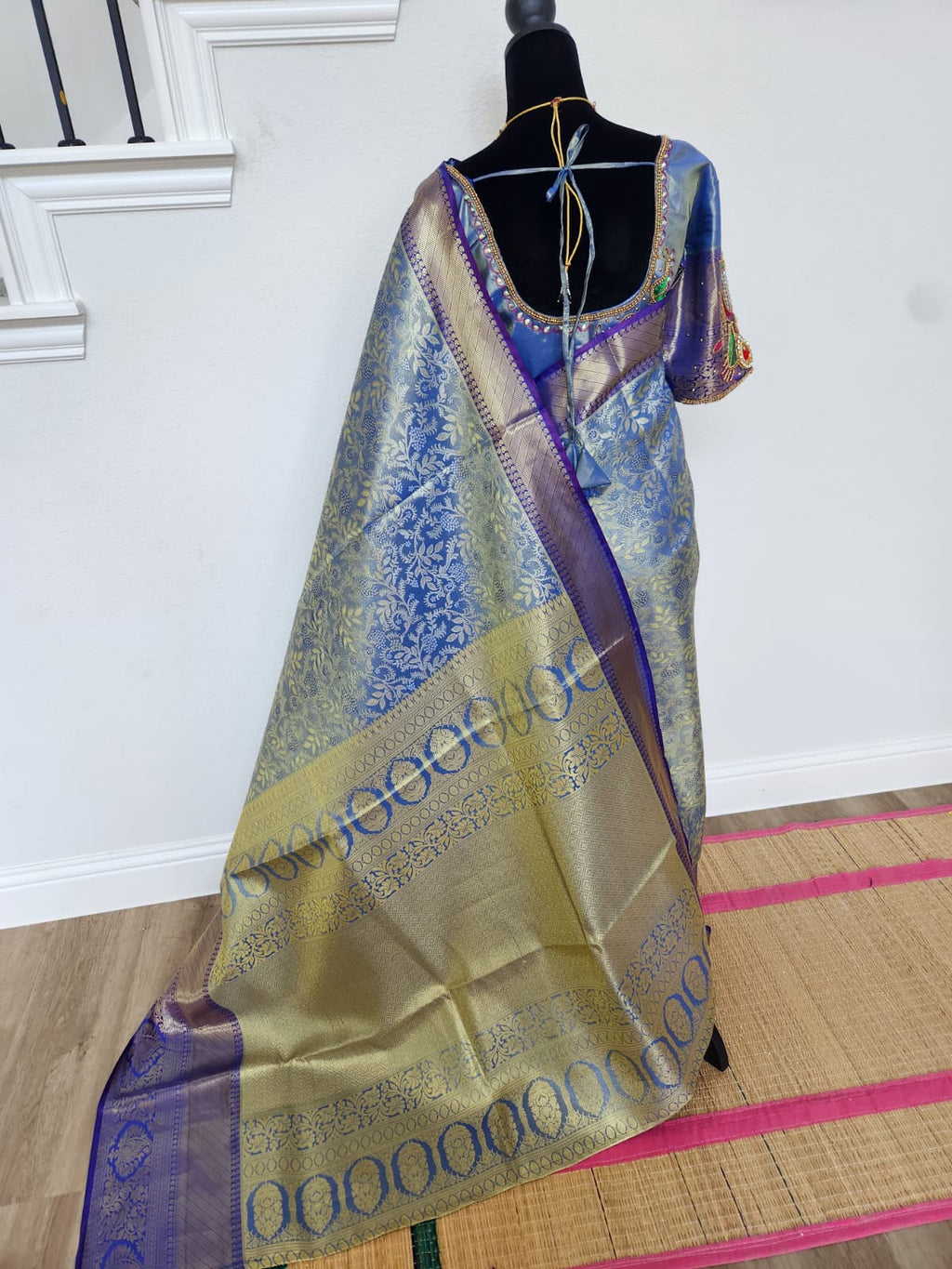 Steel Blue Kanchivaram Silk Saree, Purple Border