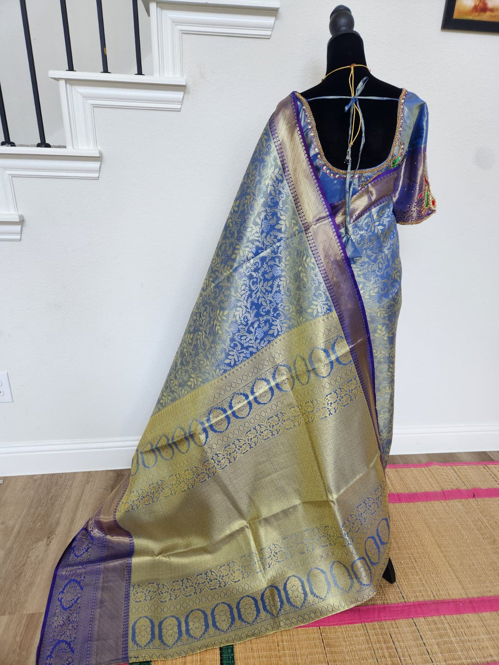 Steel Blue Kanchivaram Silk Saree, Purple Border