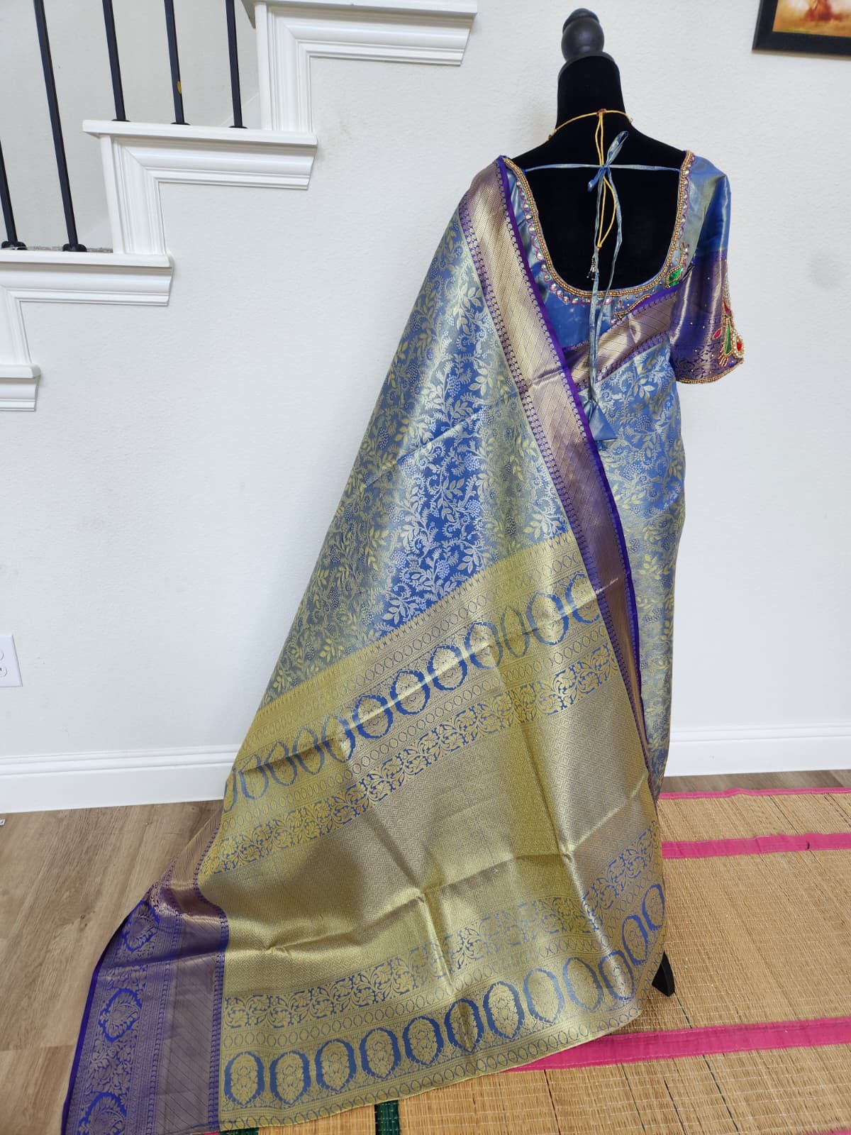 Steel Blue Kanchivaram Silk Saree, Purple Border