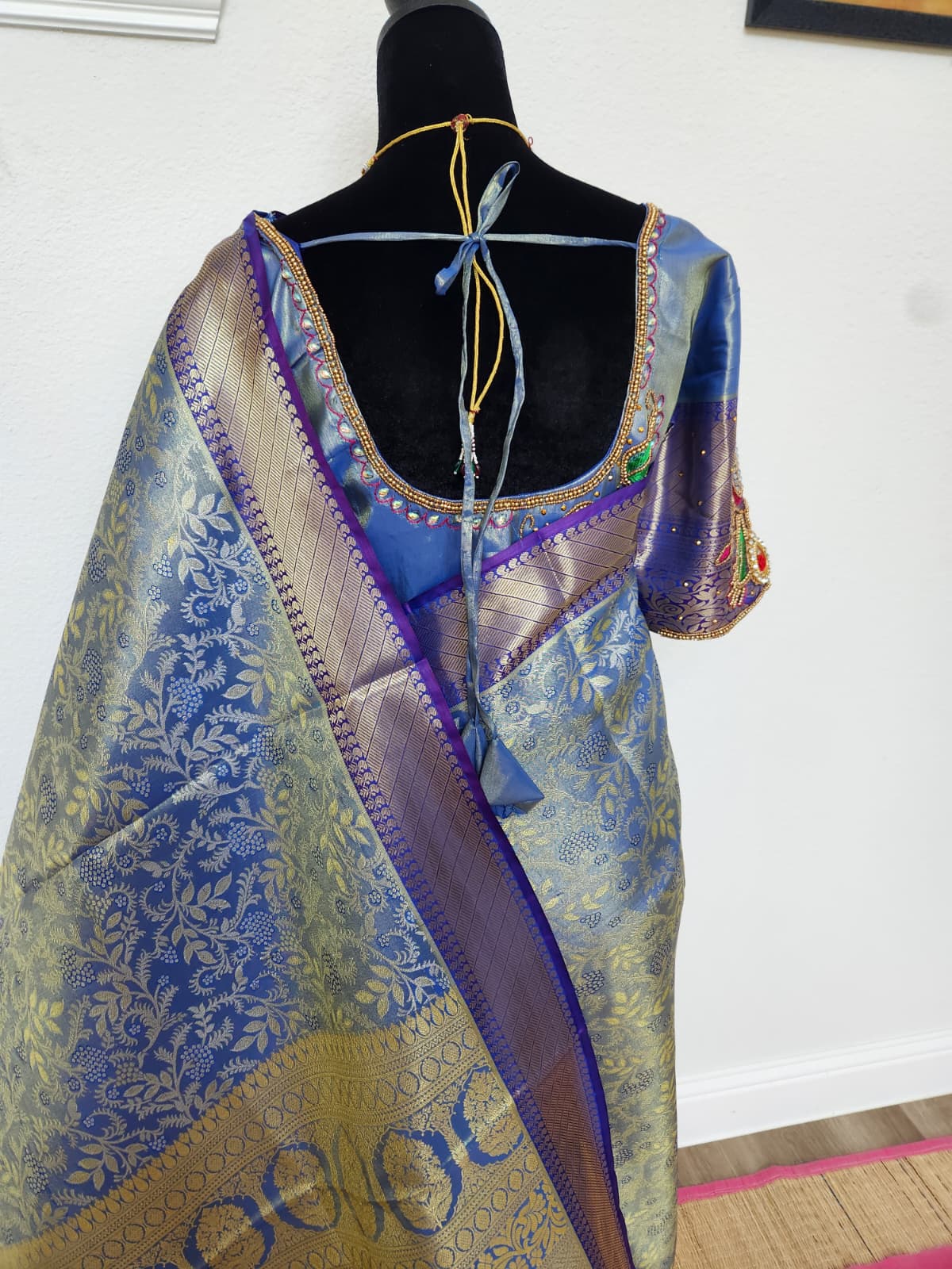 Steel Blue Kanchivaram Silk Saree, Purple Border