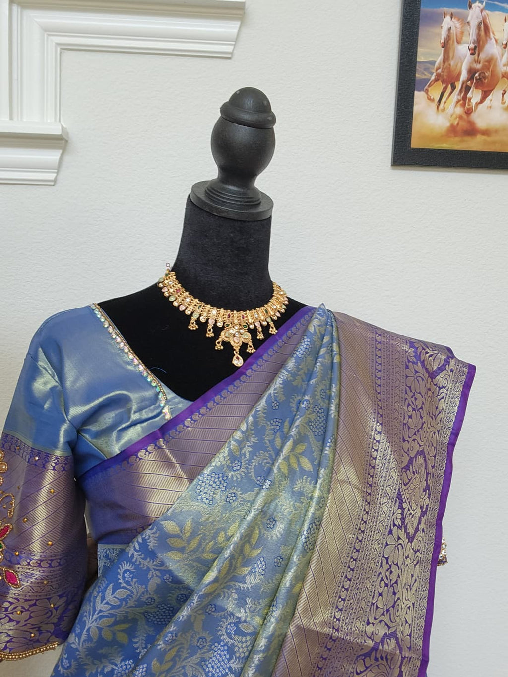 Steel Blue Kanchivaram Silk Saree, Purple Border