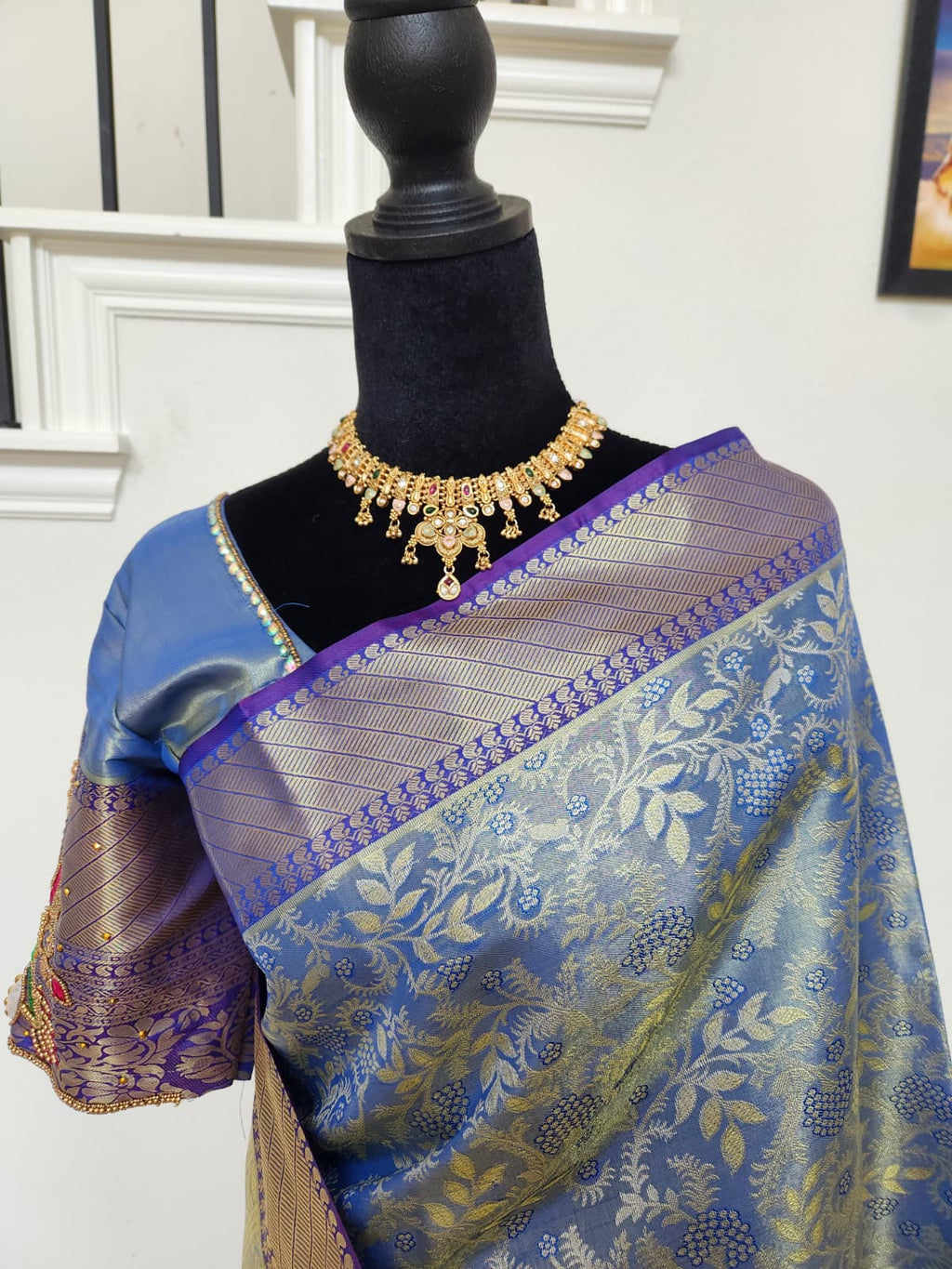 Steel Blue Kanchivaram Silk Saree, Purple Border