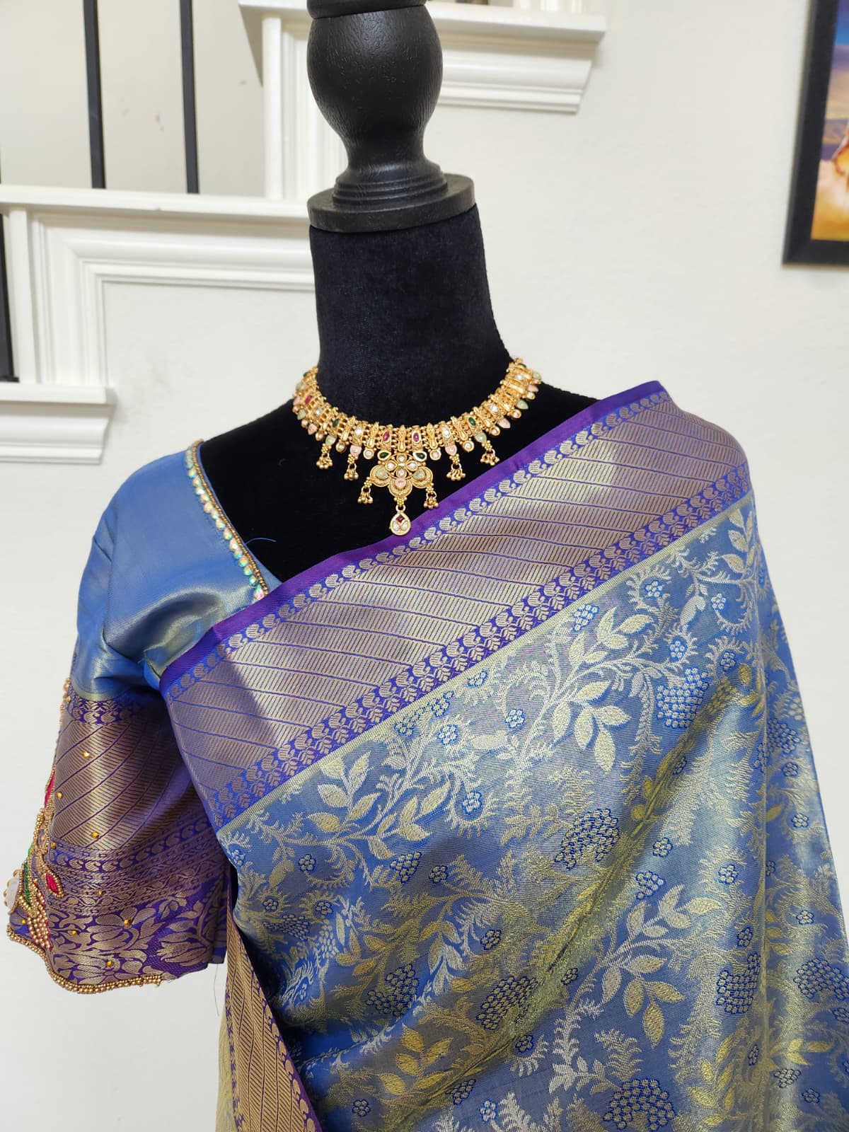 Steel Blue Kanchivaram Silk Saree, Purple Border