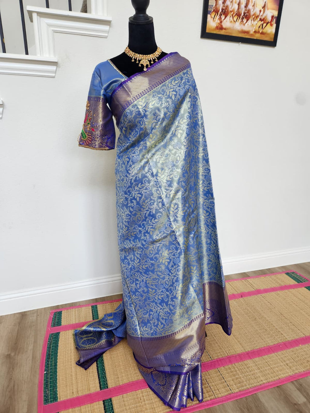 Steel Blue Kanchivaram Silk Saree, Purple Border