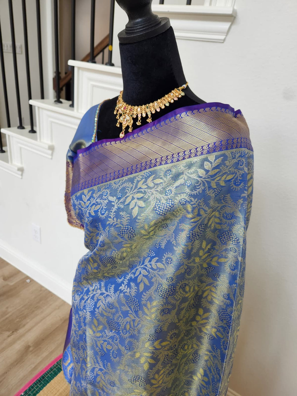 Steel Blue Kanchivaram Silk Saree, Purple Border