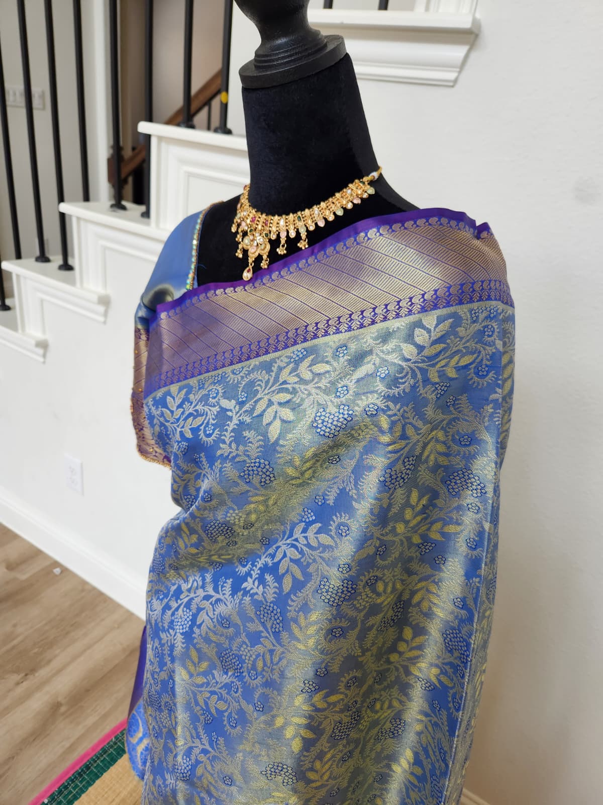 Steel Blue Kanchivaram Silk Saree, Purple Border