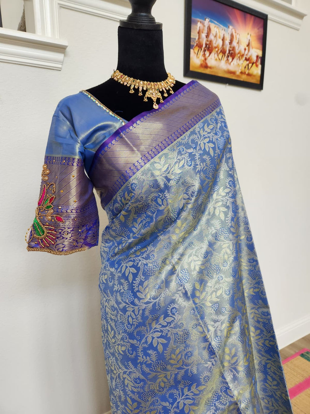 Steel Blue Kanchivaram Silk Saree, Purple Border