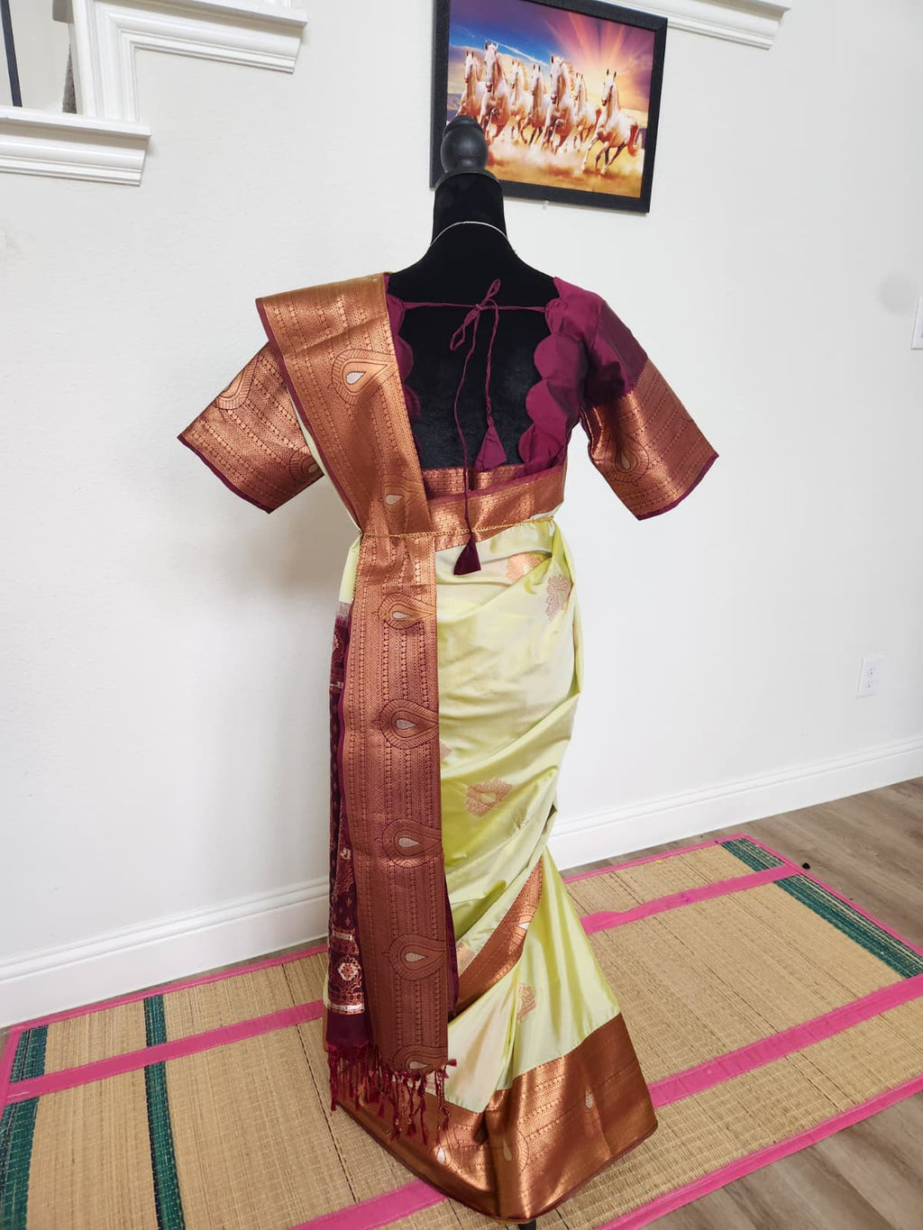 Pearl Sage & Wine Handloom Silk Saree with Stitched matching blouse