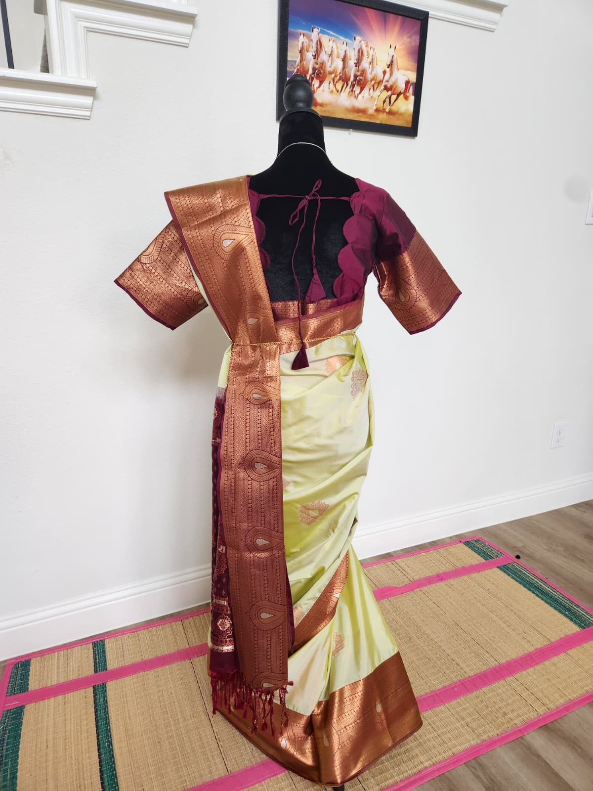 Pearl Sage & Wine Handloom Silk Saree with Stitched matching blouse