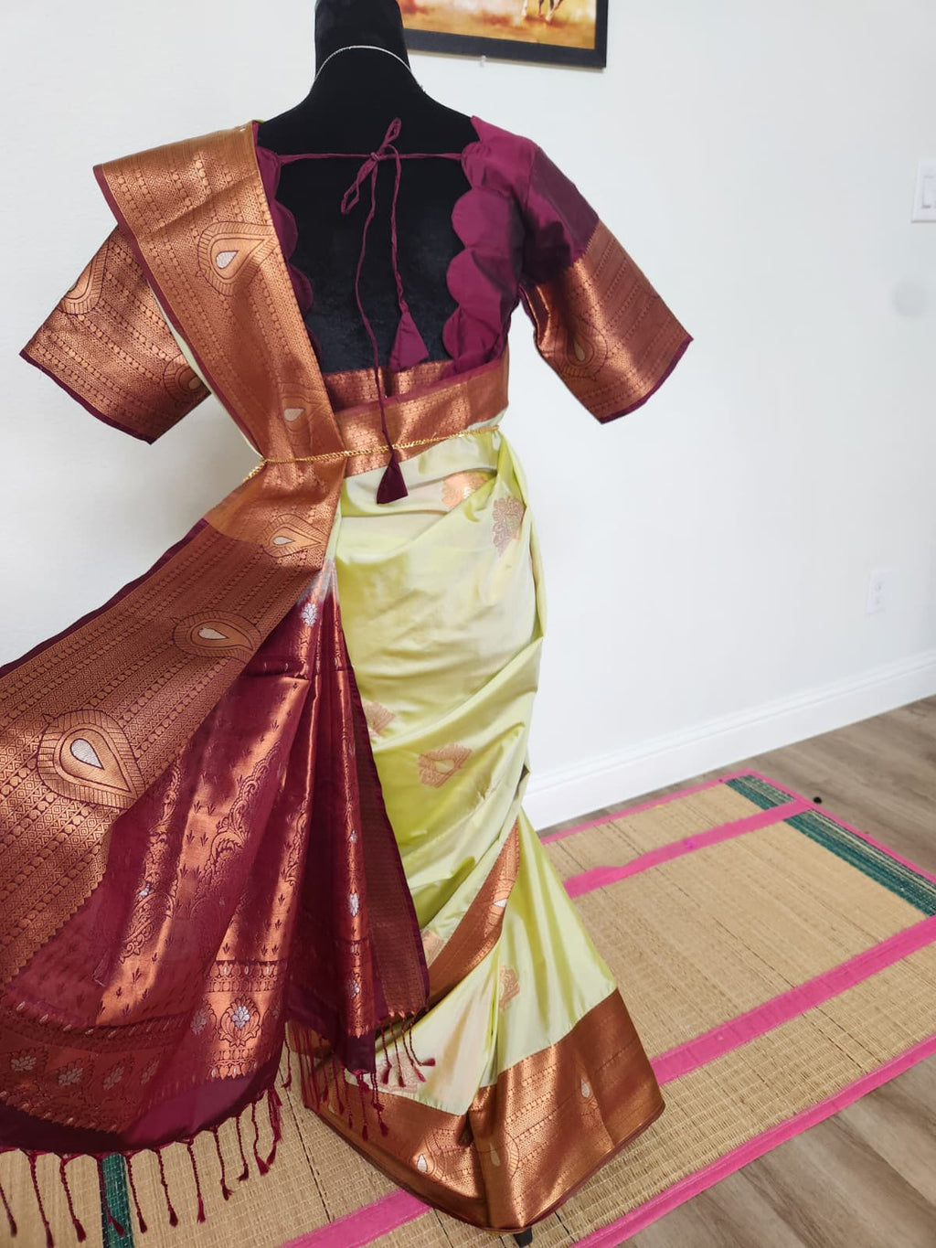 Pearl Sage & Wine Handloom Silk Saree with Stitched matching blouse