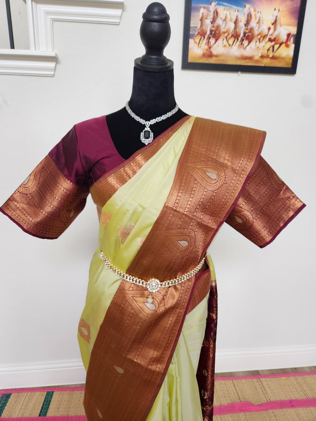 Pearl Sage & Wine Handloom Silk Saree with Stitched matching blouse
