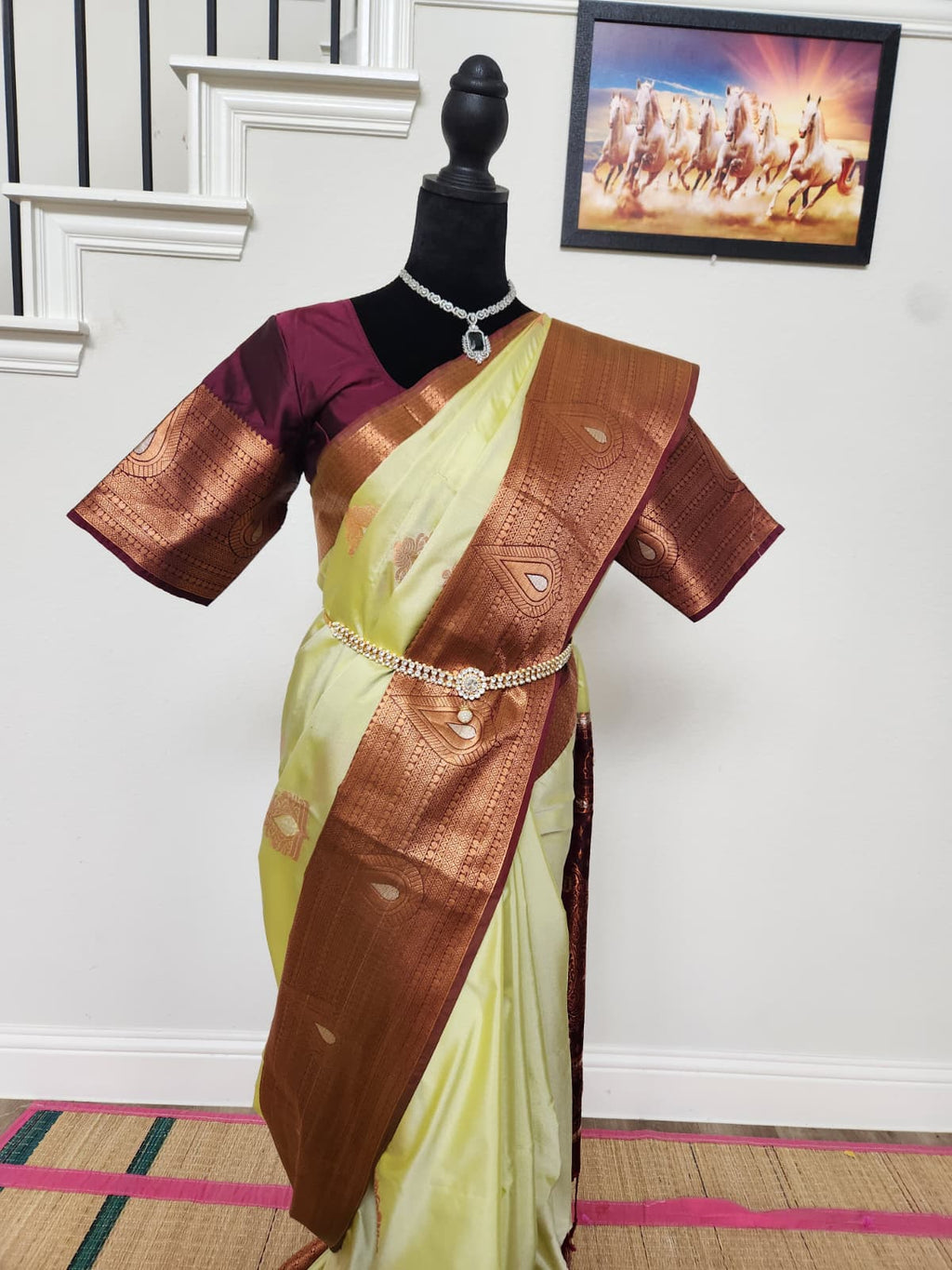 Pearl Sage & Wine Handloom Silk Saree with Stitched matching blouse