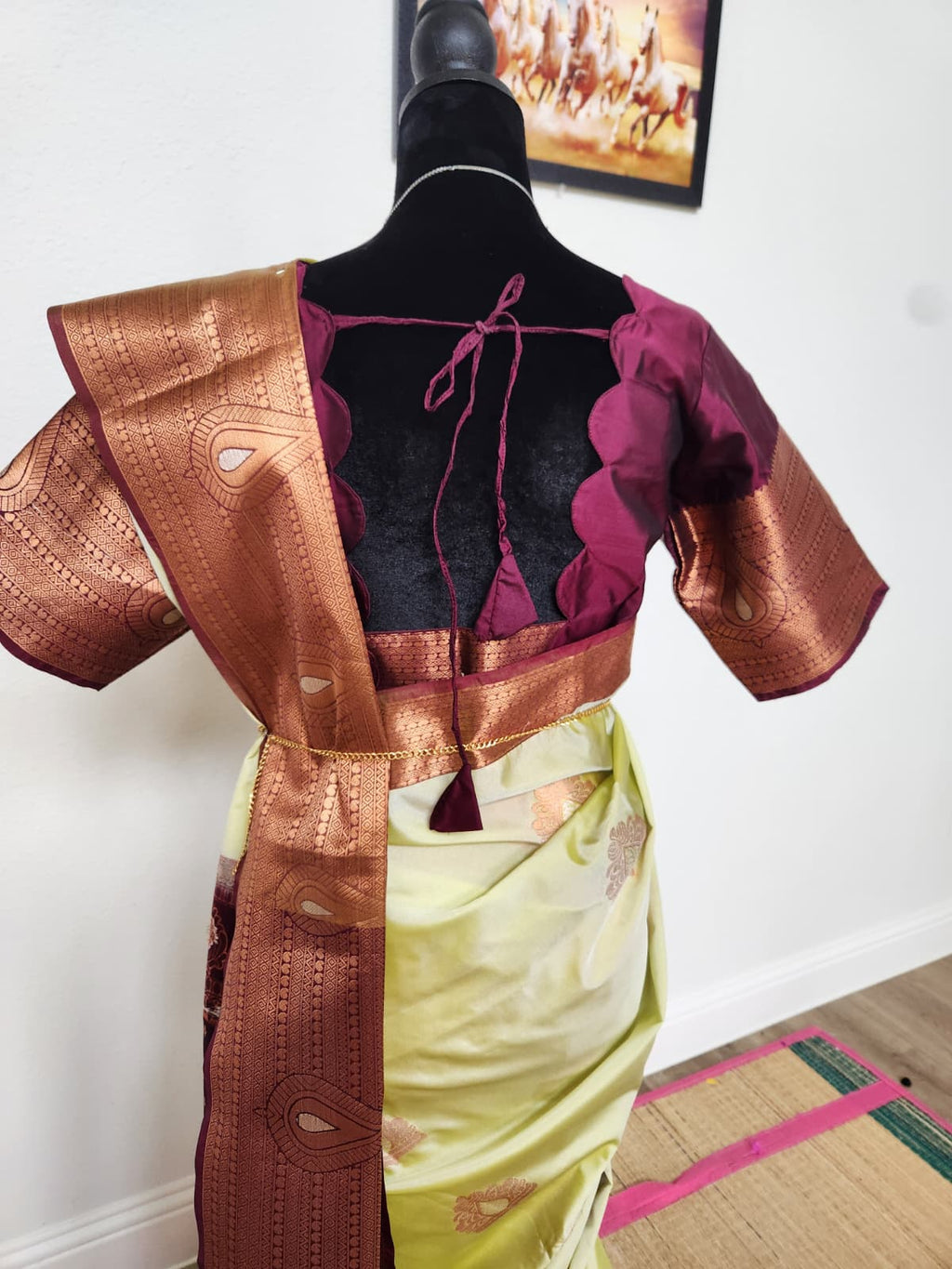 Pearl Sage & Wine Handloom Silk Saree with Stitched matching blouse
