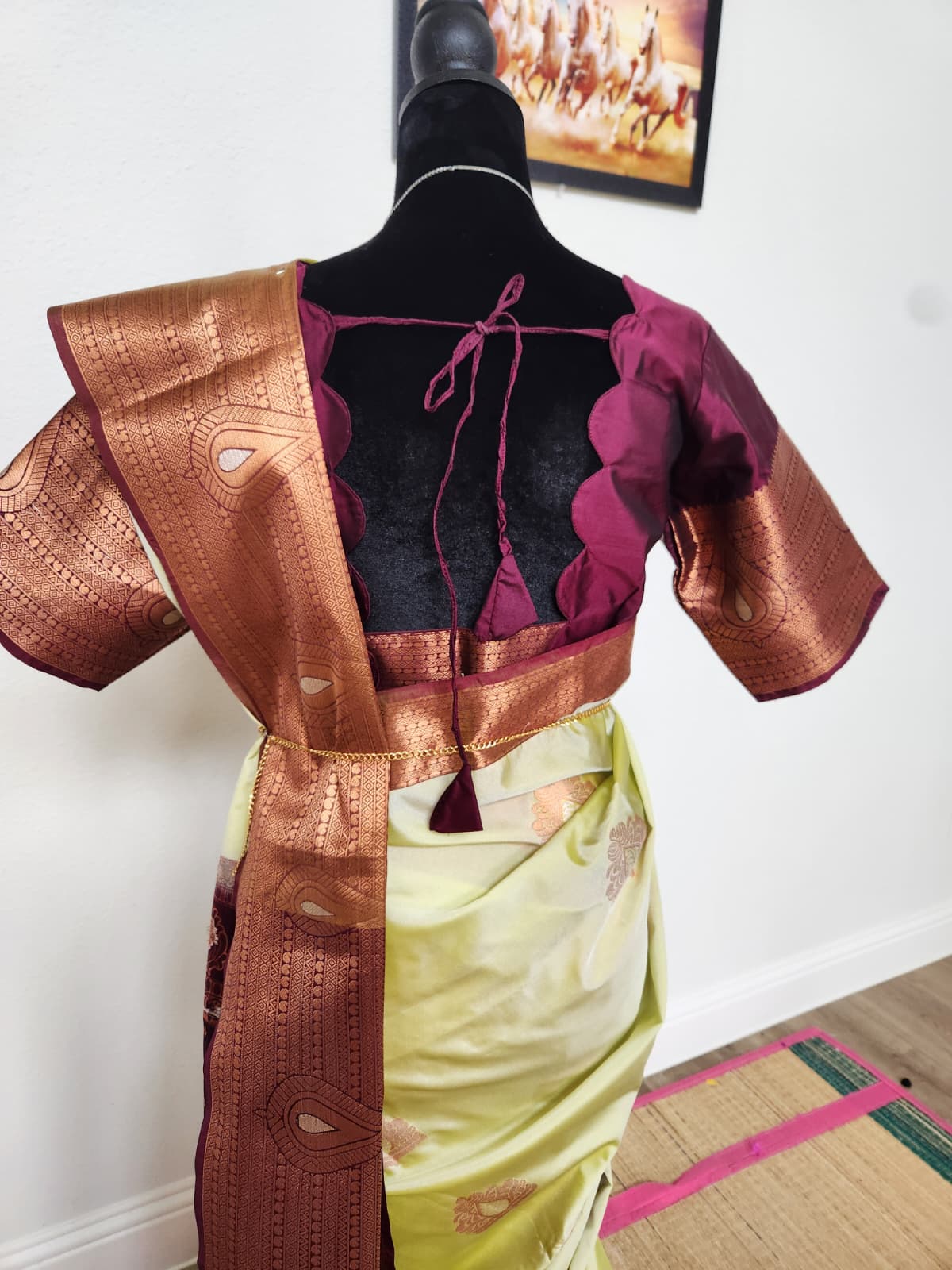 Pearl Sage & Wine Handloom Silk Saree with Stitched matching blouse