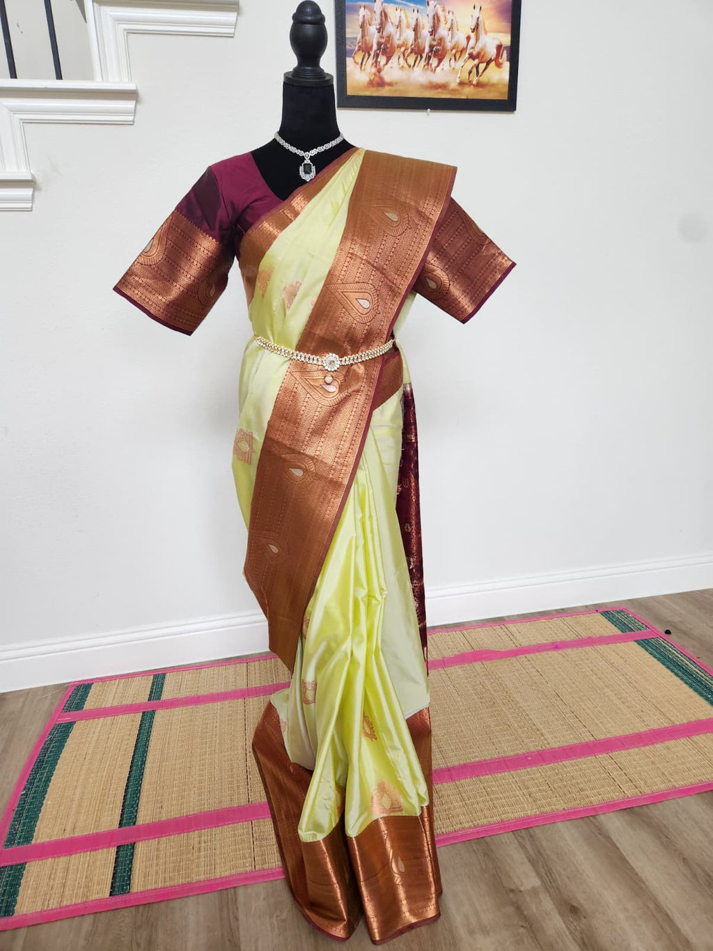 Pearl Sage & Wine Handloom Silk Saree with Stitched matching blouse