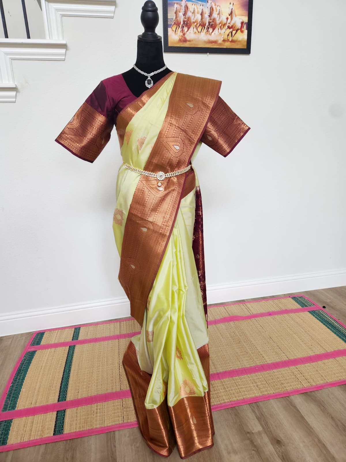 Pearl Sage & Wine Handloom Silk Saree with Stitched matching blouse