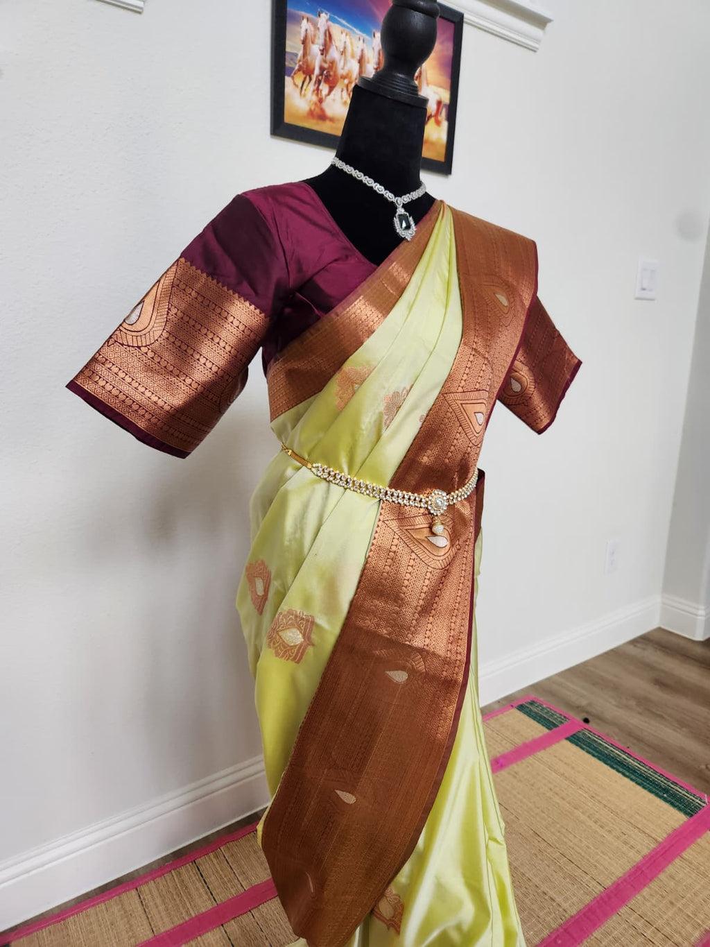 Pearl Sage & Wine Handloom Silk Saree with Stitched matching blouse