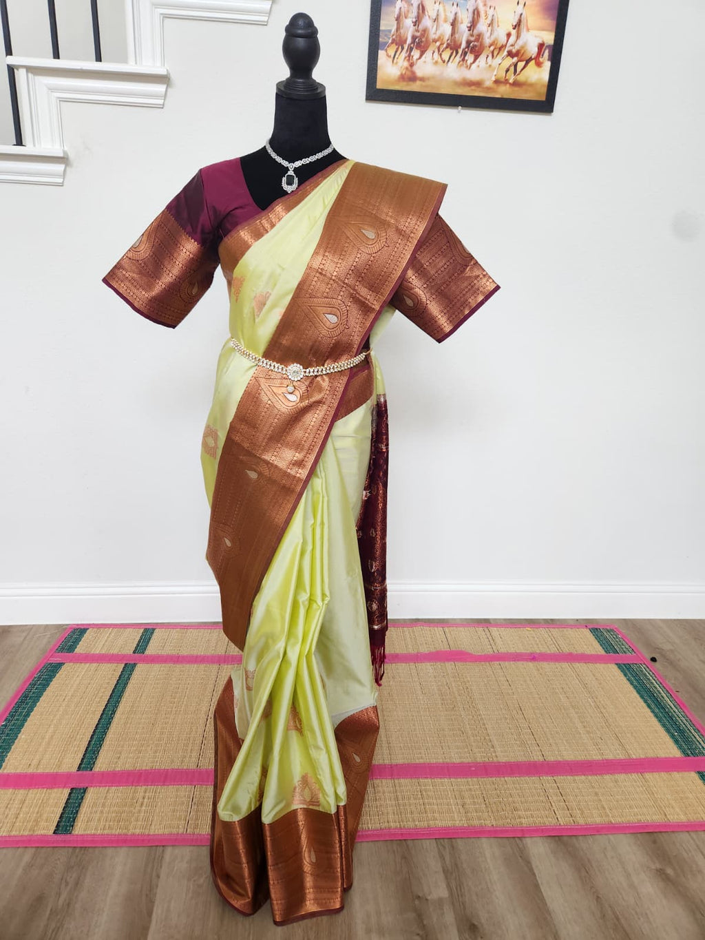 Pearl Sage & Wine Handloom Silk Saree with Stitched matching blouse
