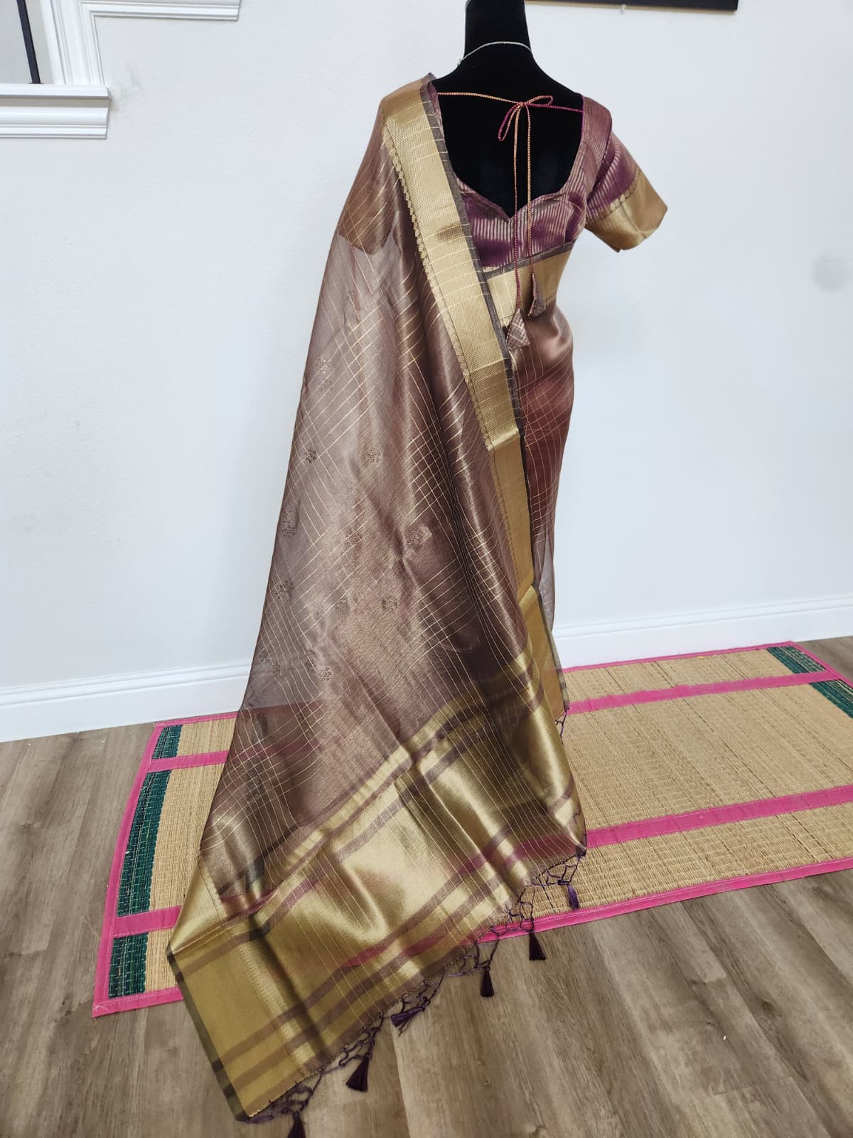 Natural-light back view of the wine tissue organza saree and matching blouse