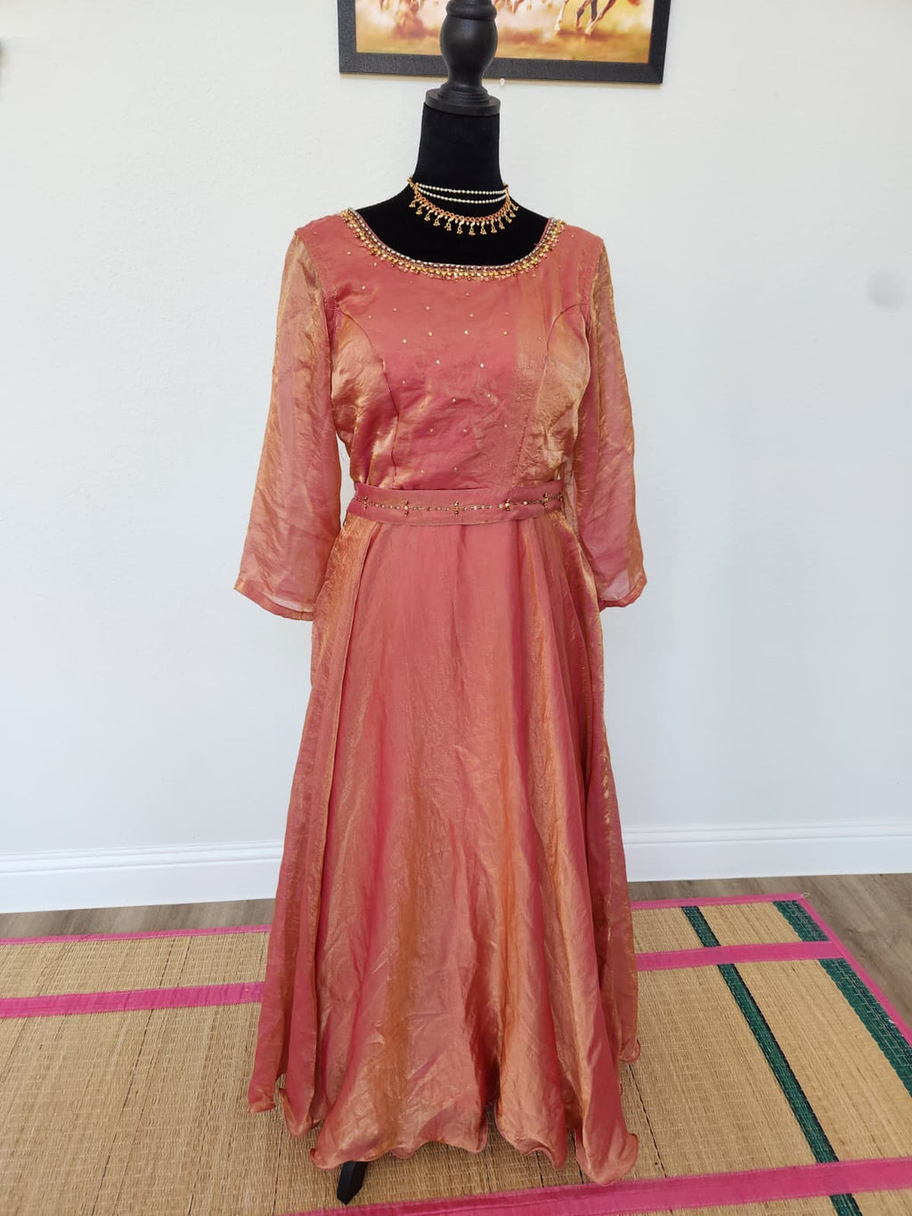 Rose Pink & Gold premium space Silk Anarkali Gown
