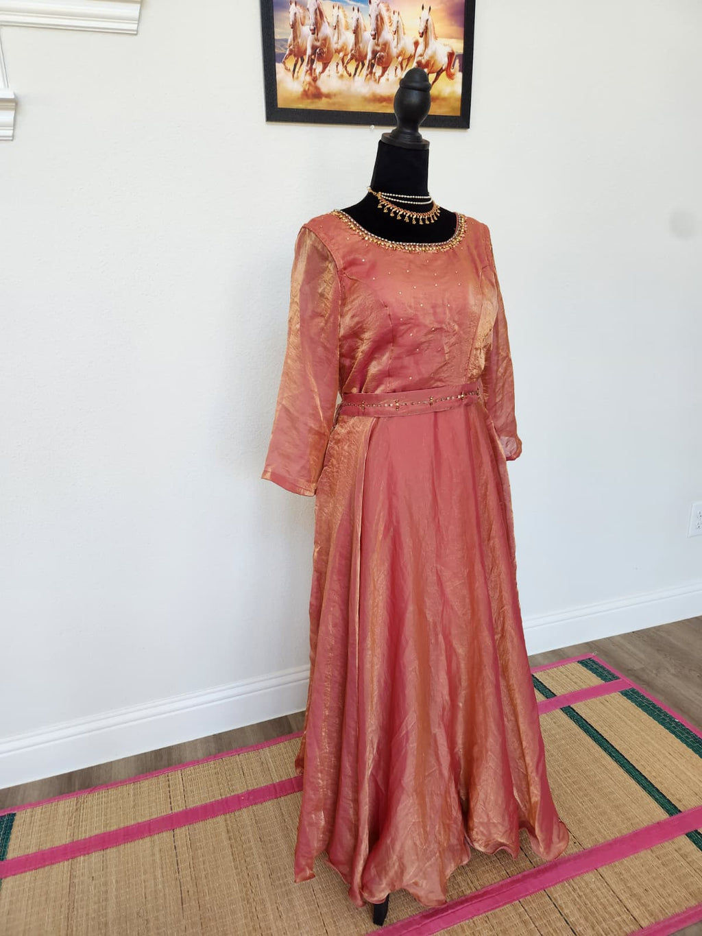 Rose Pink & Gold premium space Silk Anarkali Gown