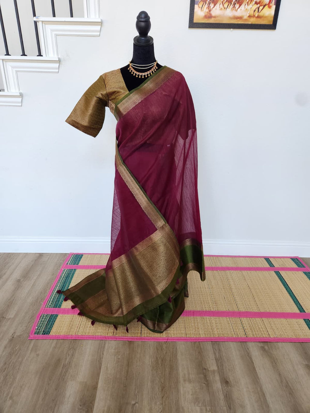Wine & Olive Handloom Jute Saree Set