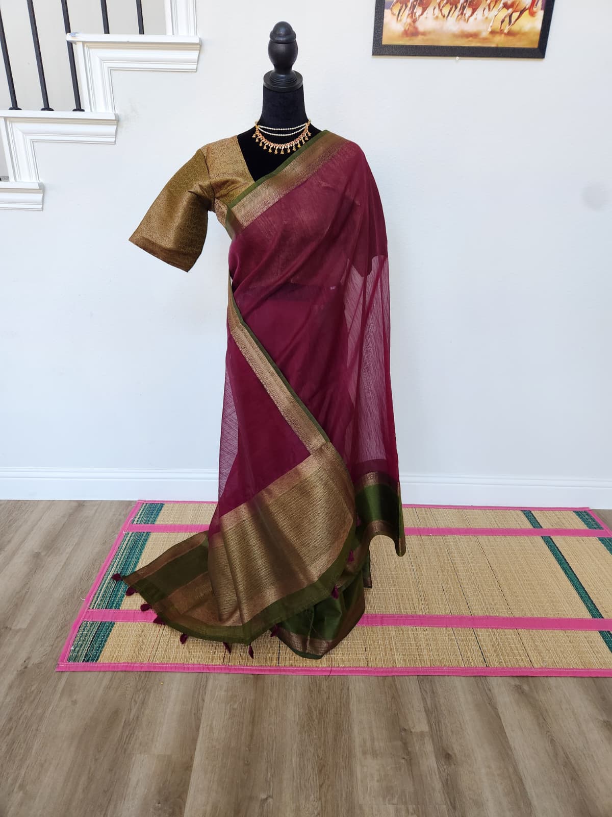 Wine & Olive Handloom Jute Saree Set