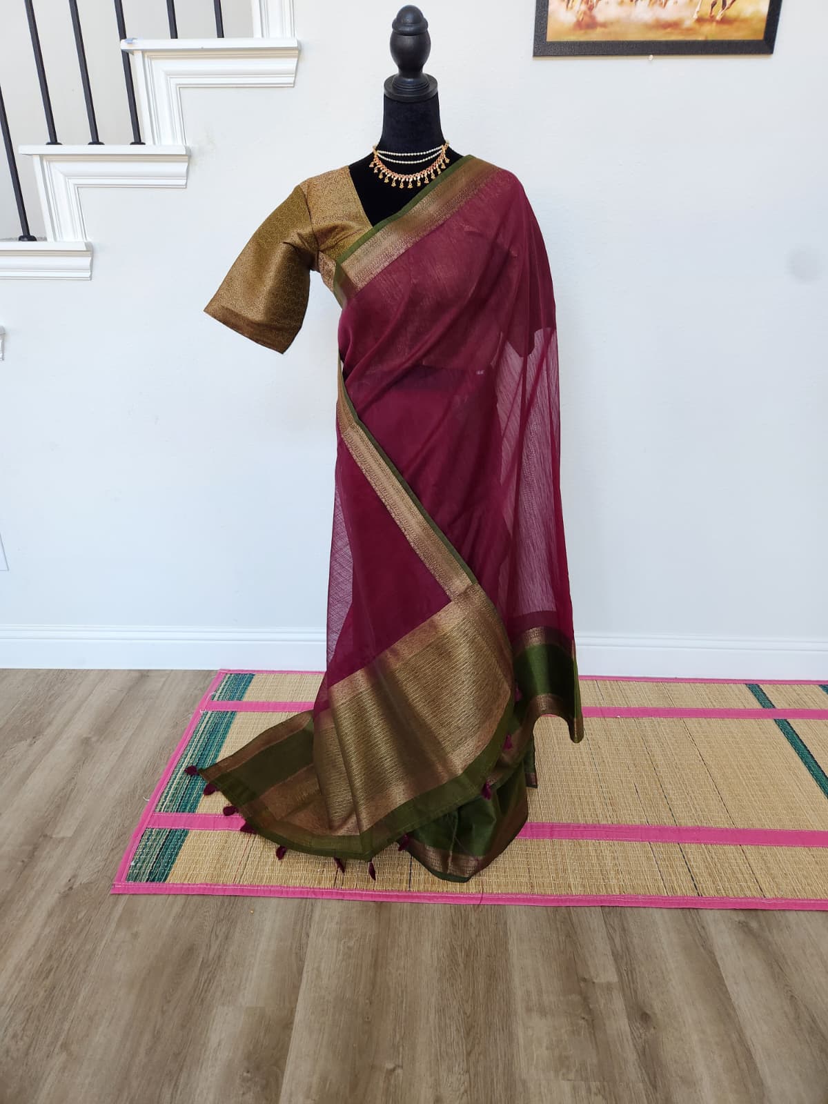 Wine & Olive Handloom Jute Saree Set