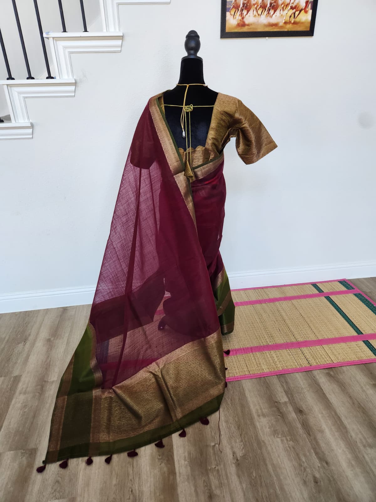 Wine & Olive Handloom Jute Saree Set