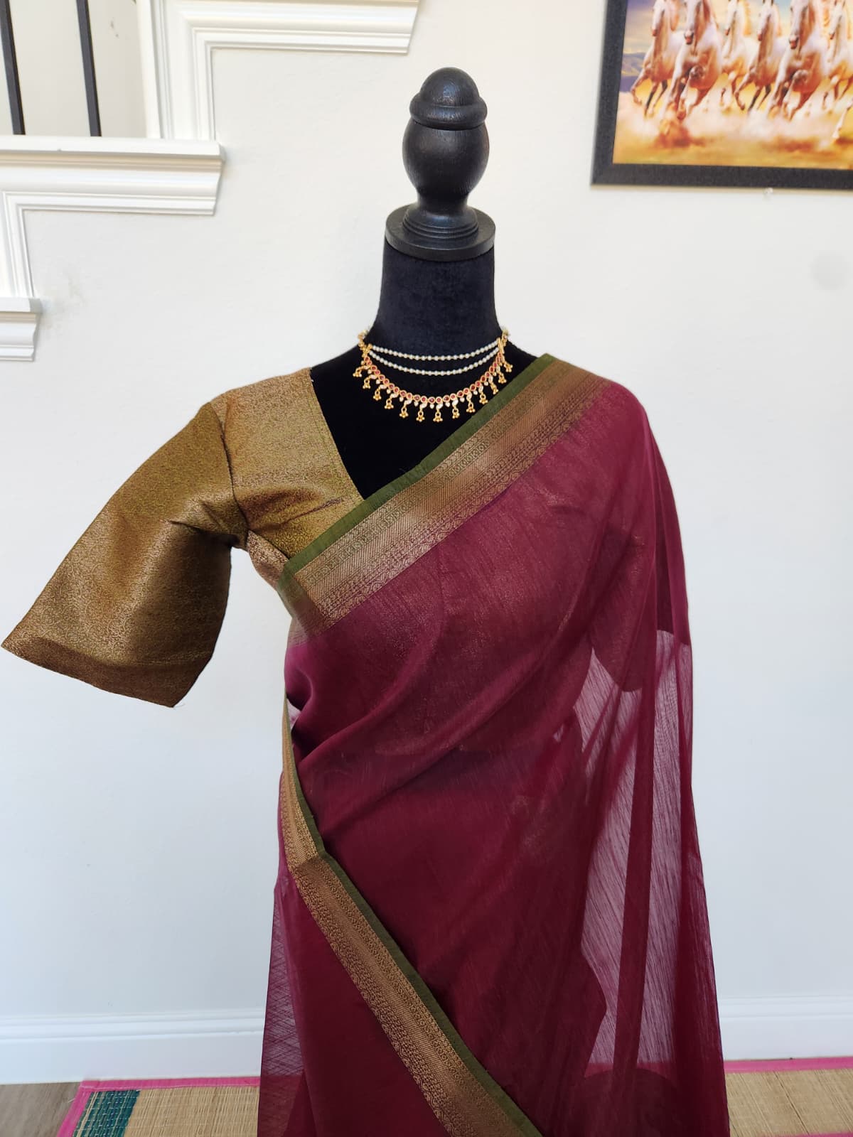 Wine & Olive Handloom Jute Saree Set