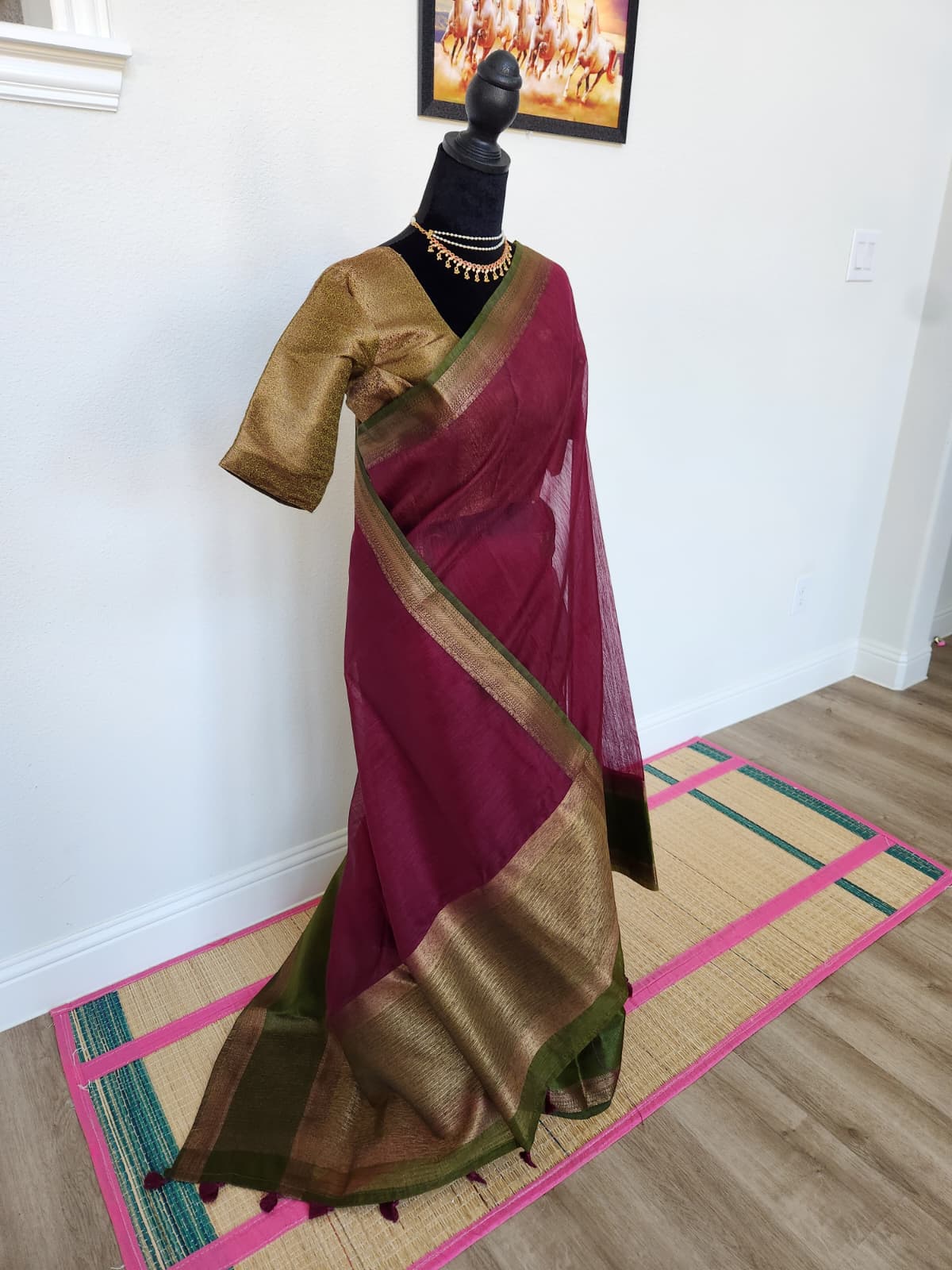 Wine & Olive Handloom Jute Saree Set