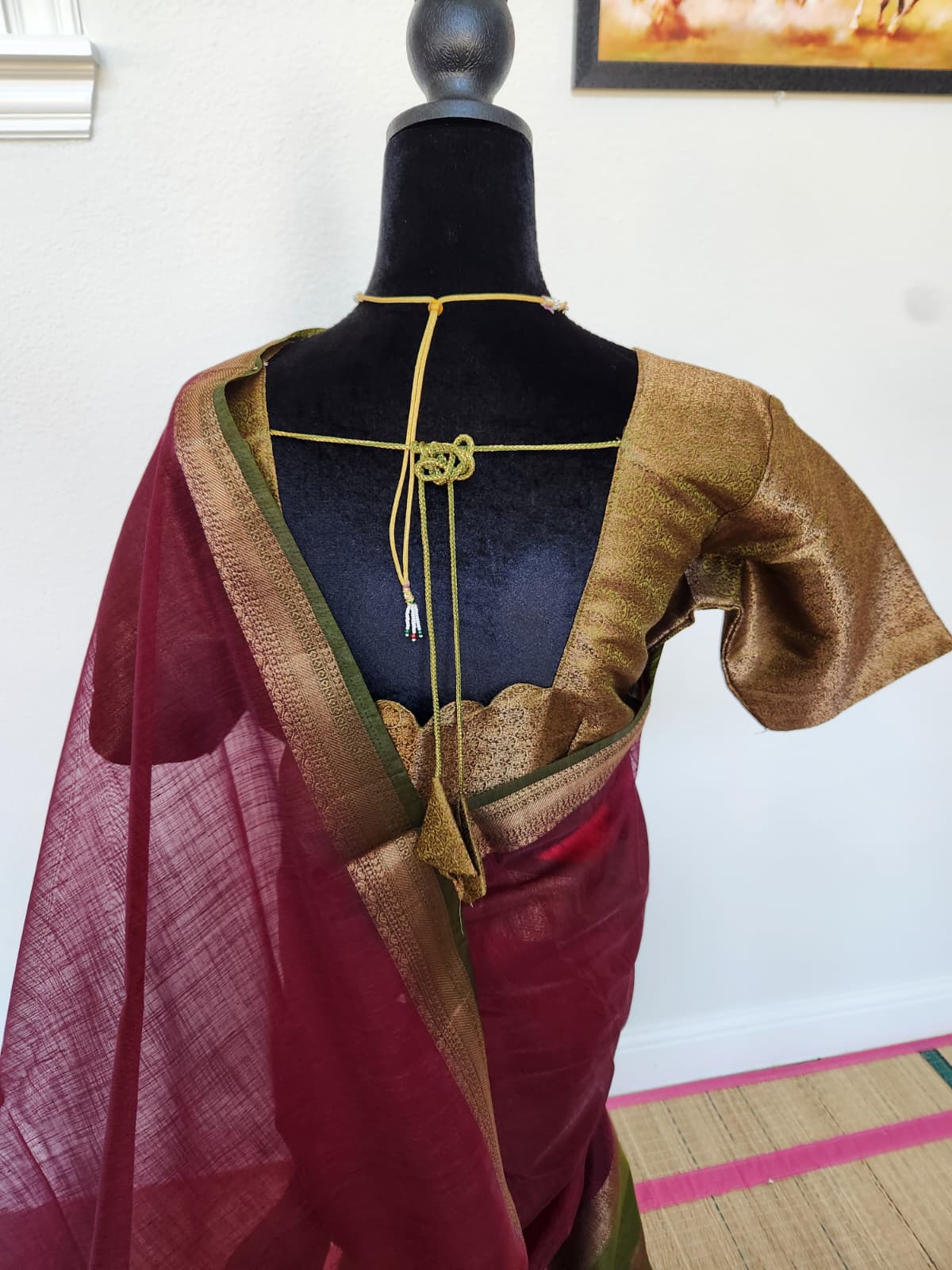 Wine & Olive Handloom Jute Saree Set