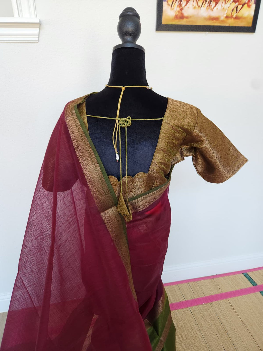 Wine & Olive Handloom Jute Saree Set