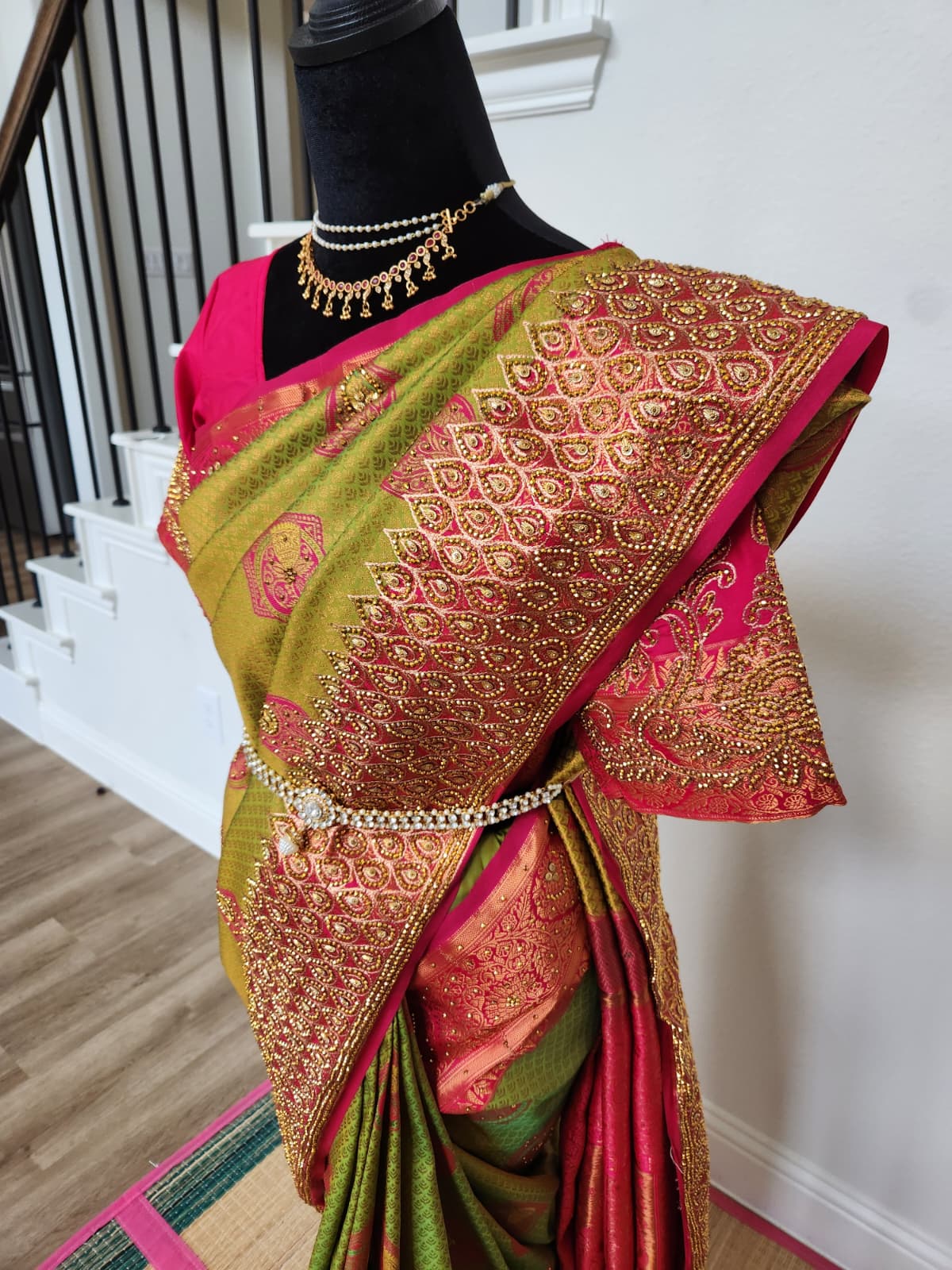 Olive/Mehendi green with a bright Rani pink - Premium Kanchi Silk Saree with Hand Zardosi Work